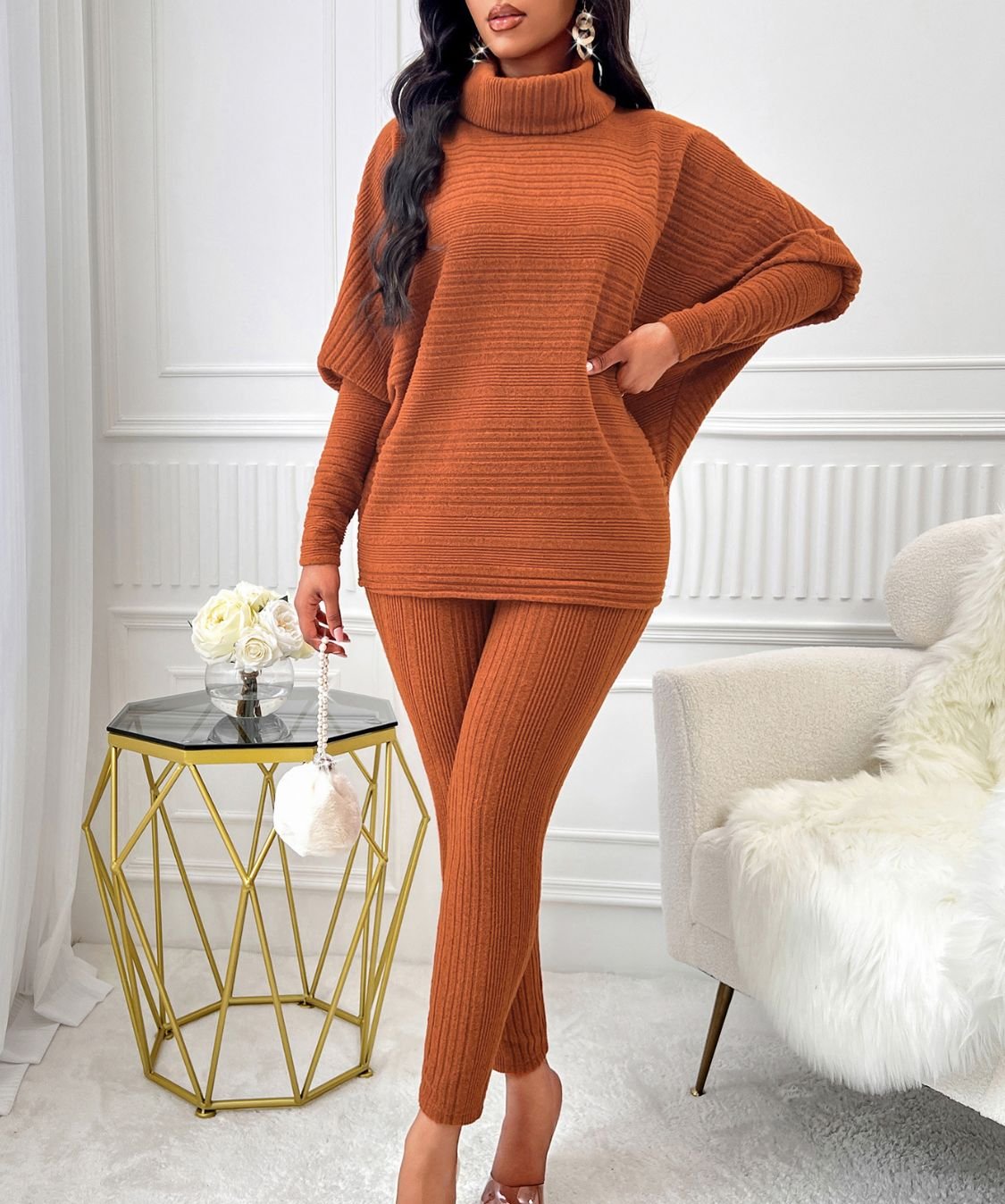 Women Knit Outfit Set 2 Pcs Terracotta Turtleneck Batwing Sleeve Top and Pants Terracotta 38677500-6b28-4e74-8fdb-983634cbc9f9-Max Trendsi