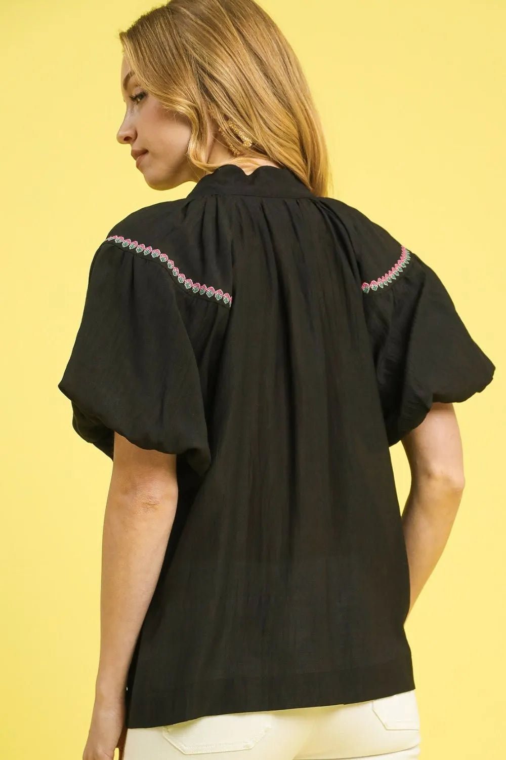 Umgee Blouse Black Floral Embroidered Puff Short Sleeve Ruched Top 386f8537-d5ef-4233-a6c3-ce31fa0ff7e0-Max-Origin Trendsi