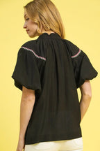 Umgee Blouse Black Floral Embroidered Puff Short Sleeve Ruched Top 386f8537-d5ef-4233-a6c3-ce31fa0ff7e0-Max-Origin Trendsi