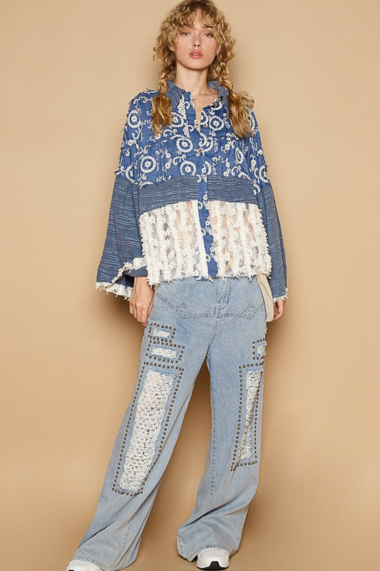 POL Women Shirt Floral Blue Lace Hem Embroidered Long Sleeve Embroidered 38715212-a5f5-4b0c-bfac-cf1f3e37bffa-Max Trendsi