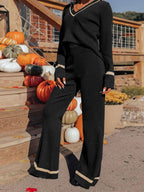Knit Outfit Set Perfee V-Neck Long Sleeve Top and Pants Set 38724162-1305-4904-996d-45c592455e86-Max Trendsi
