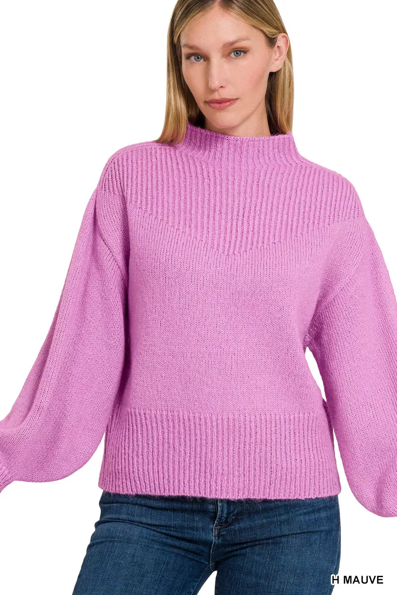 Zenana Womens Sweater Mauve Knit Balloon Sleeve Mock Neck Pullover 38728ea7-a4d5-4f69-b246-6839145b99e1-Max-Origin Trendsi