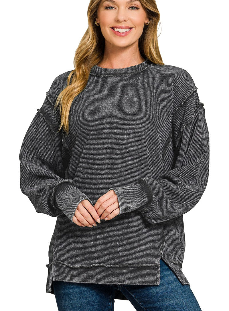 Zenana Acid Washed Double Ribbed Exposed-Seam Sweatshirt