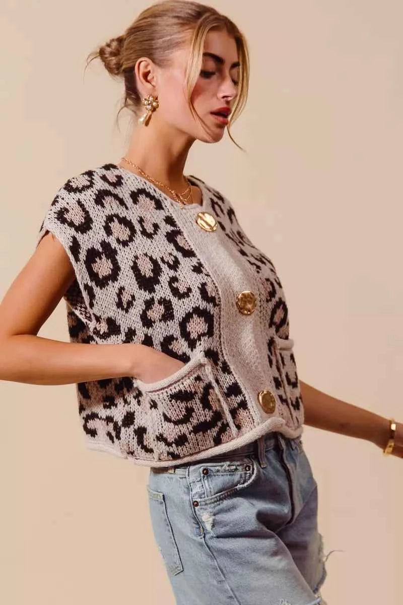 SO ME Big Metal Button Front Leopard Sweater Vest Top