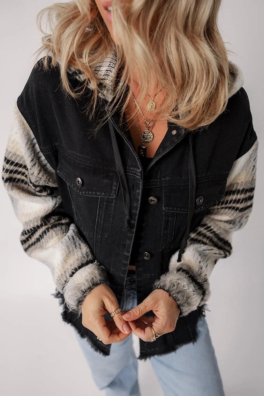 Denim Jacket Hooded Raw Hem Button Up with Knit Plaid Sleeves 388ee741-74b8-421c-b7a3-3915c1910bb4-Max Trendsi