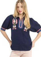 Umgee Blouse Navy Blue Embroidered Puff Sleeve Contrast Trim Top NAVY 3892b12e-c7e6-42e2-8dcb-3bfd699f052c-Max-Origin Trendsi