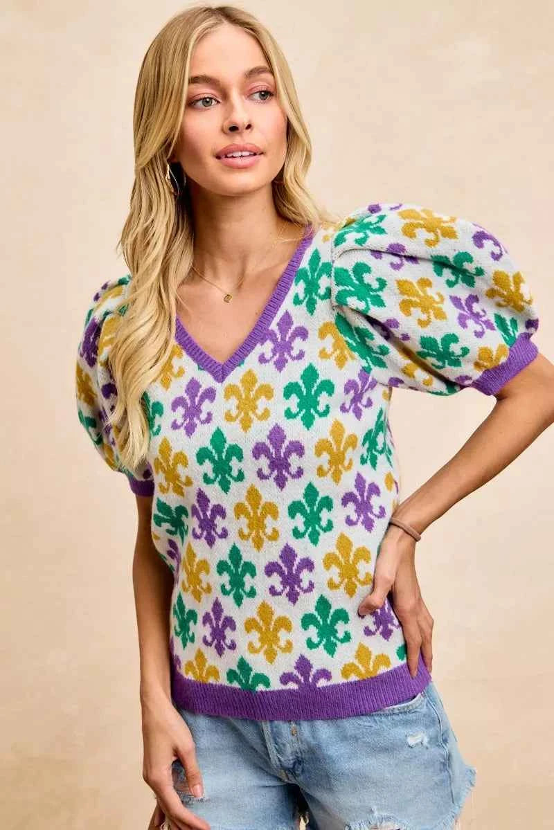 BiBi Women V Neck Knit Top Mardi Gras Fleur De Lis Patterned Short Sleeve 3895aed14eb84a8eb5708c60897827ff-Max-Origin Trendsi
