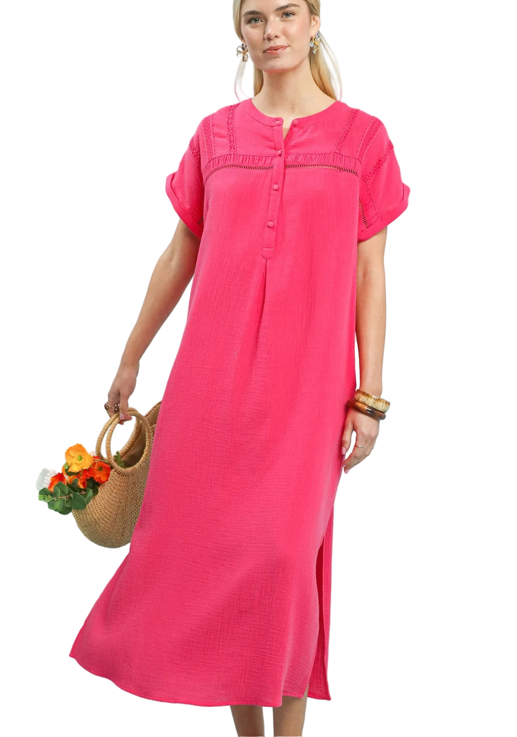 Umgee Button-Front Gauze Midi Dress with Lace Detail