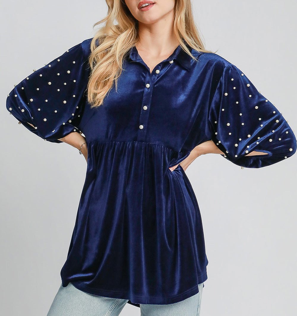 Umgee USA Pearl Babydoll Blouse Navy Women Half Sleeve Velvet Ruffle Top Navy 389a976d-c8de-4f7a-b702-751d4bb4d70f-Max Trendsi