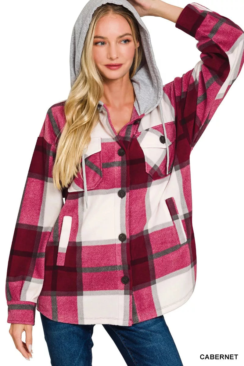 Zenana Plaid Drawstring Hooded Fleece Shacket 38a6278daab14bad85bdd47b95b3a41b-Max-Origin Trendsi