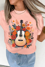 Women's T Shirt Guitar Flower Print Crew Neck Loose Short Sleeve Tees 38af6a63-536d-4f98-a2d4-630c30a16a46-Max-Origin Trendsi