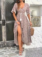 Women's Floral Midi Dress V-Neck Ruffle Short Sleeve Summer Fashion
