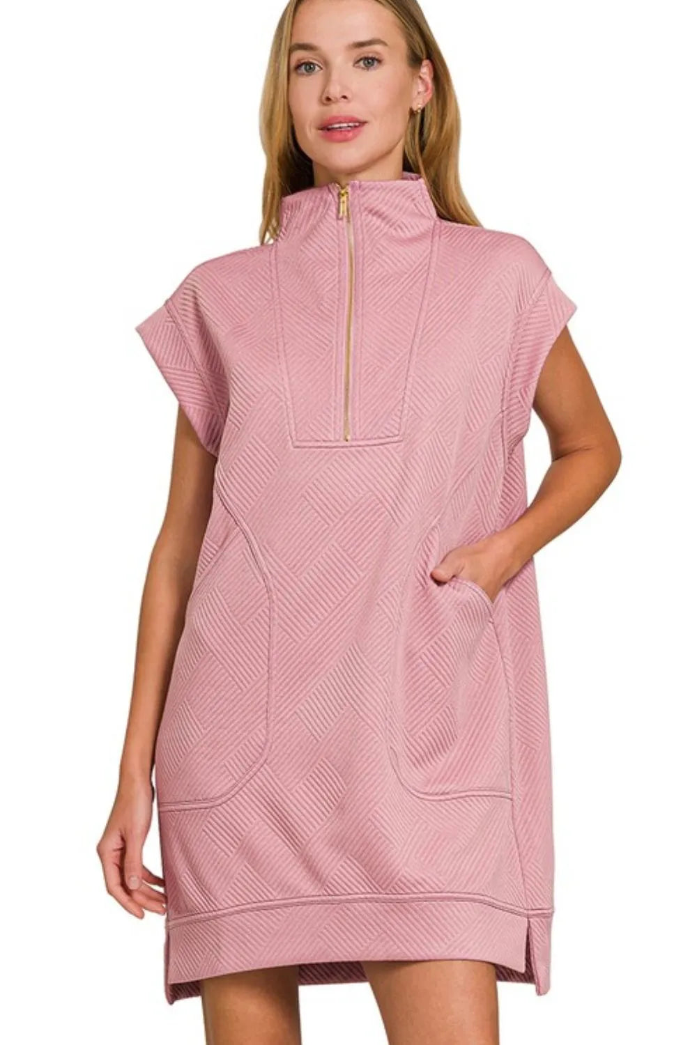 Zenana Mini Dress Textured Knit Jacquard Light Rose Quarter Zipper Oversized 38bf1966-67c1-490e-82c9-8744ad437003-Max-Origin Trendsi
