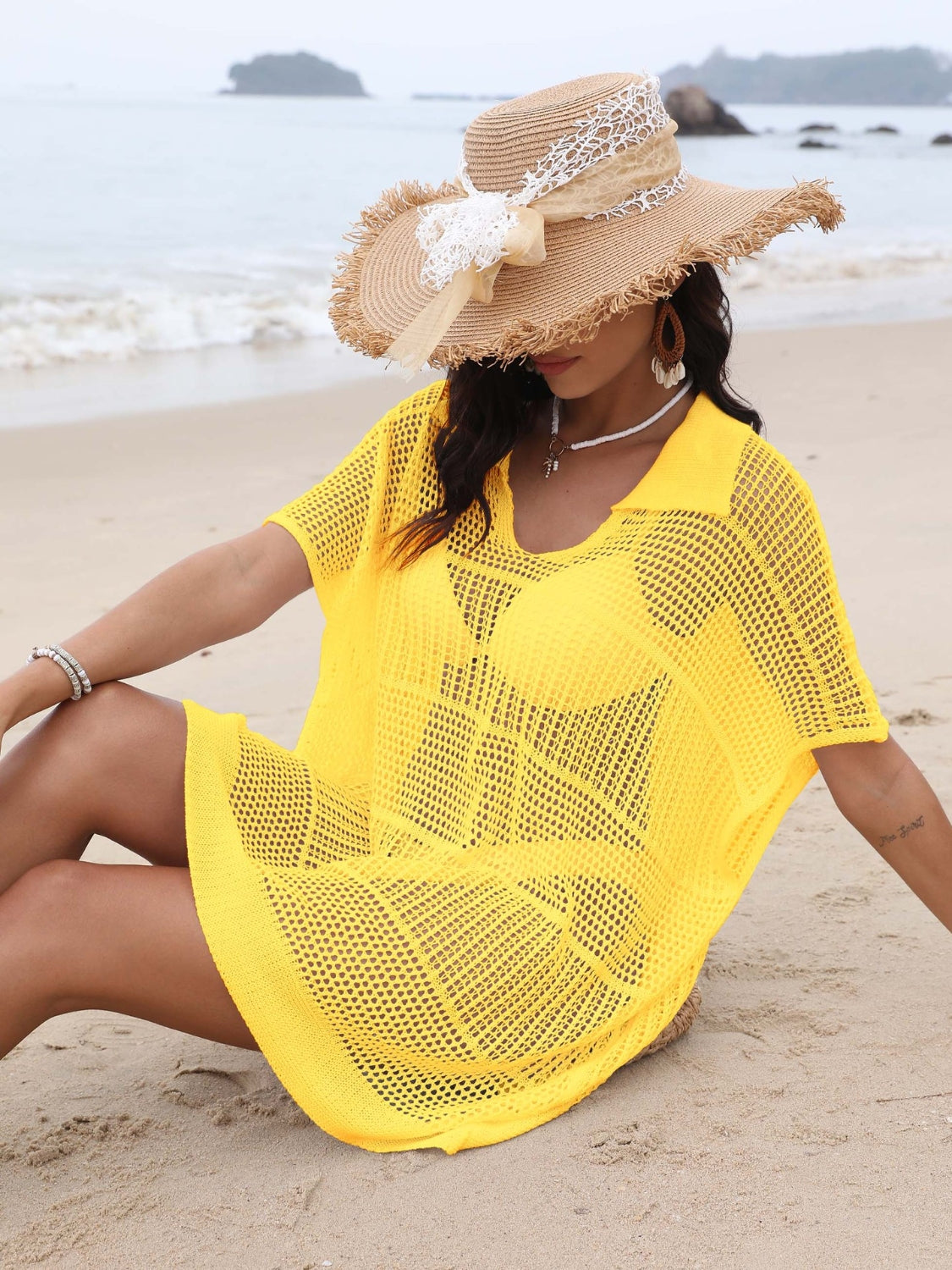 Cover-Up Dress Hollow Out Collared Neck Short Sleeve Sheer Openwork Yellow One Size 38e27d36-3a07-4d40-a730-3f4afcb8cb8e-Max Trendsi