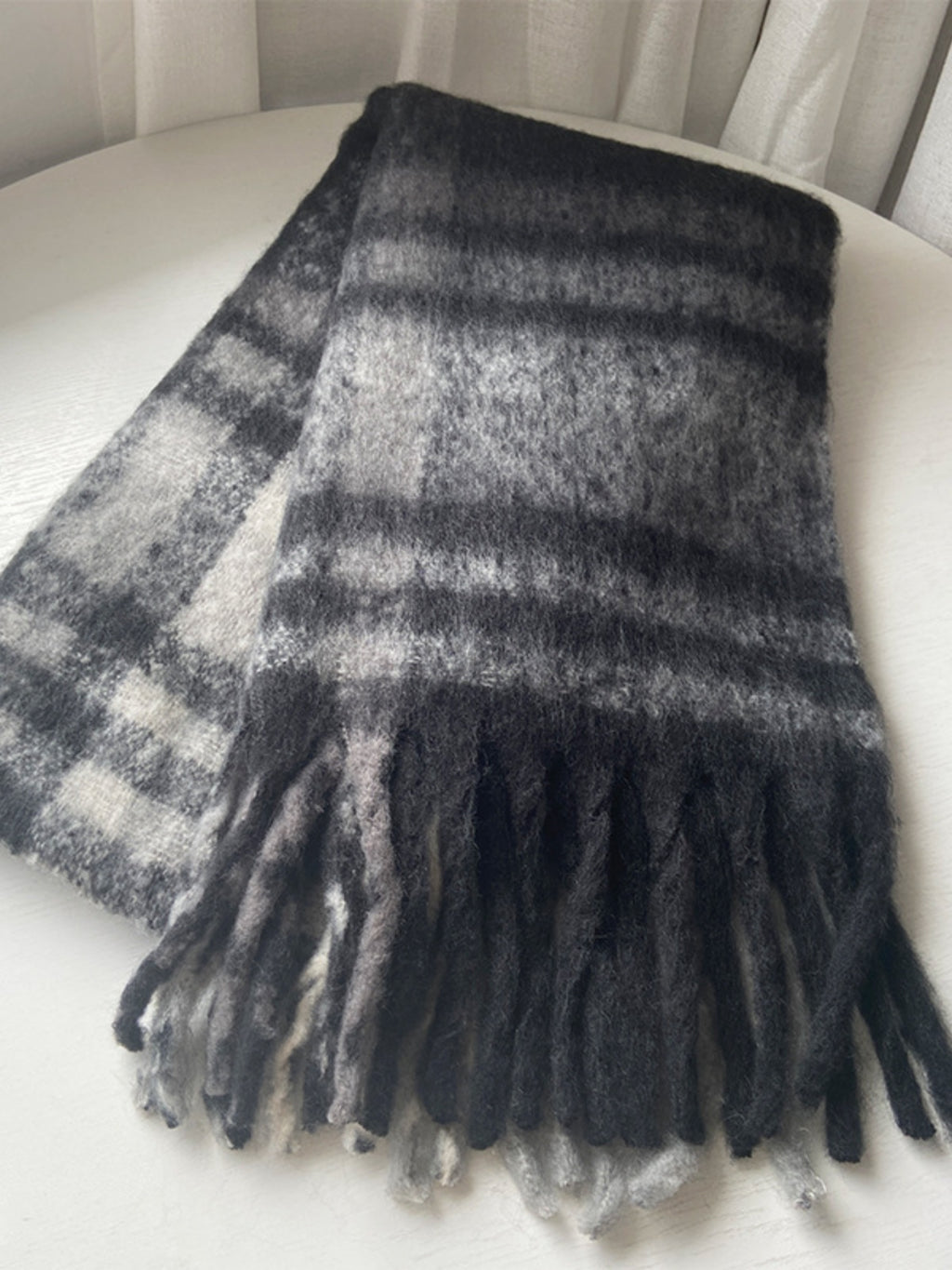 Women Scarf Fringe Plaid Polyester Tasseled Warm Long Fashion Accessories Black White Gray plaid One Size 38e4aec3-e4a6-4f51-9eba-82bf667c2761-Max Trendsi