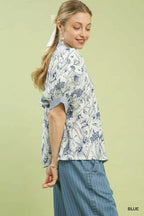 Umgee Blouse Blue Mixed Print Puff Short Sleeve Split Neck Top 38e4d607-e743-49db-a556-ba46d6ef1ef0-Max-Origin Trendsi