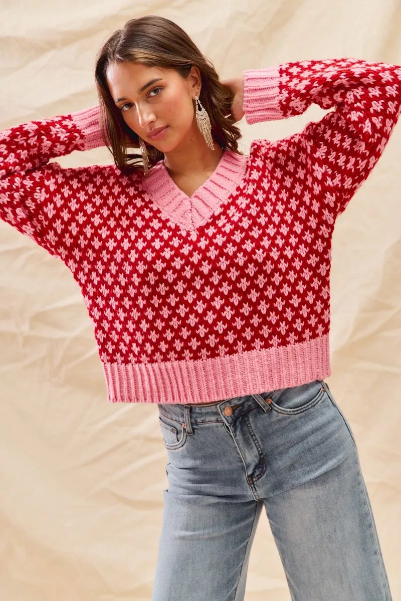 SO ME Christmas Women's Sweater Red Pink Color Block Textured V Neck Top 38eced6116c642539fa79b62e7742273-Max-Origin Trendsi