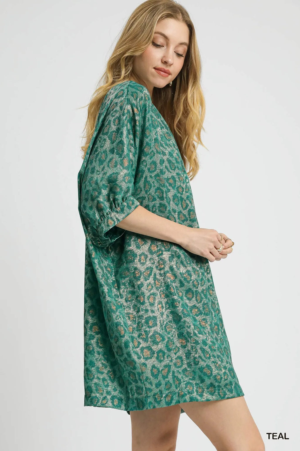Umgee Kimono Dress Metallic Teal Leopard Print Brown V-Neck Oversized 38f8ad99-3a0a-487f-9b3b-2c9bdc0513ea-Max-Origin Trendsi