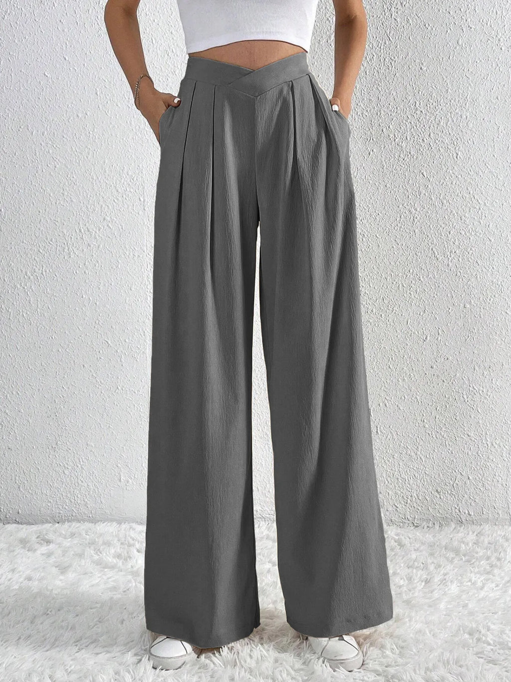 Women's Pants V-Waisted Ruched Front Wide Leg Trousers Pocketed Dark Gray 38f9babea919448aba9e17b78d0b1c9d-Max-Origin Trendsi