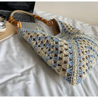 Women's Beach Crochet Shoulder Bag Medium Wave Knit Woven Blue Handbag