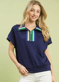 Umgee Blouse Navy Striped Collared Neck Half-Zip Top Short Sleeve NAVY 3902cfe1-e5ce-4c0b-b7cc-3769eae60be4-Max-Origin Trendsi