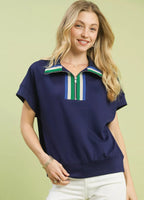 Umgee Blouse Navy Striped Collared Neck Half-Zip Top Short Sleeve NAVY 3902cfe1-e5ce-4c0b-b7cc-3769eae60be4-Max-Origin Trendsi
