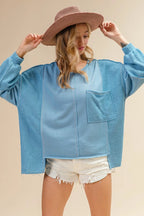 BiBi Women's Sweatshirt Oversized Pocket Front Blue Long Sleeve Top 39095913830448e58f011947f72f9e6b-Max-Origin Trendsi