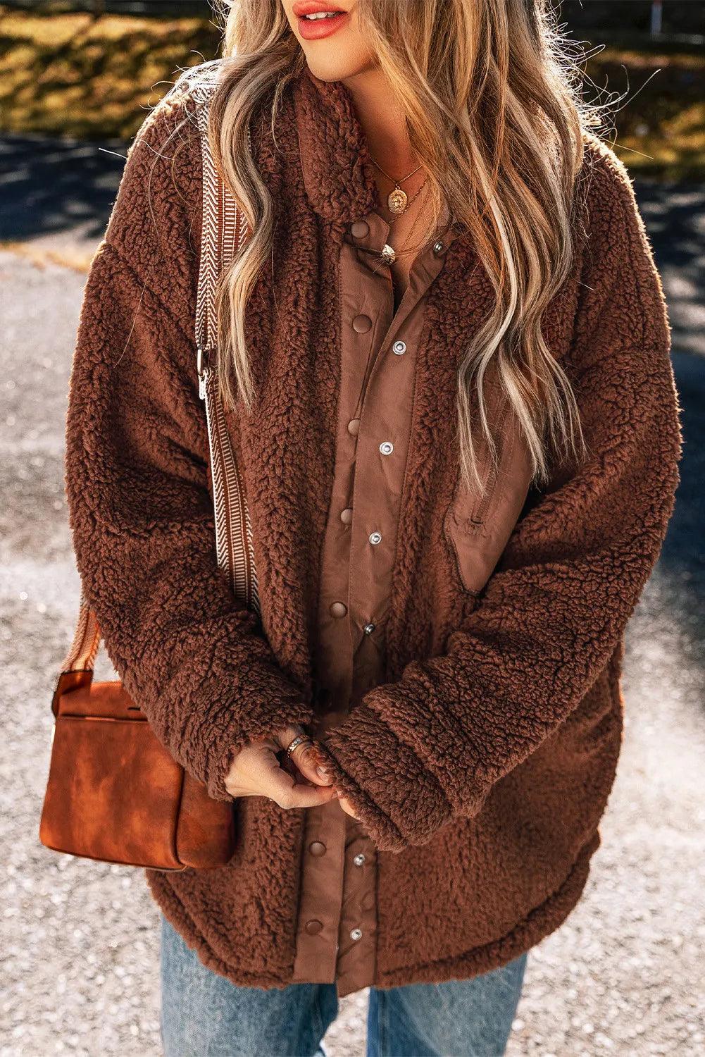 Fuzzy Jacket Snap Down Dropped Shoulder Long Sleeve Outwear