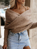 Cropped Knit Top Twist Off Shoulder Long Sleeve Basic Style Taupe One Size 391b91f9-8930-4013-a26b-0833ffba40ba-Max Trendsi