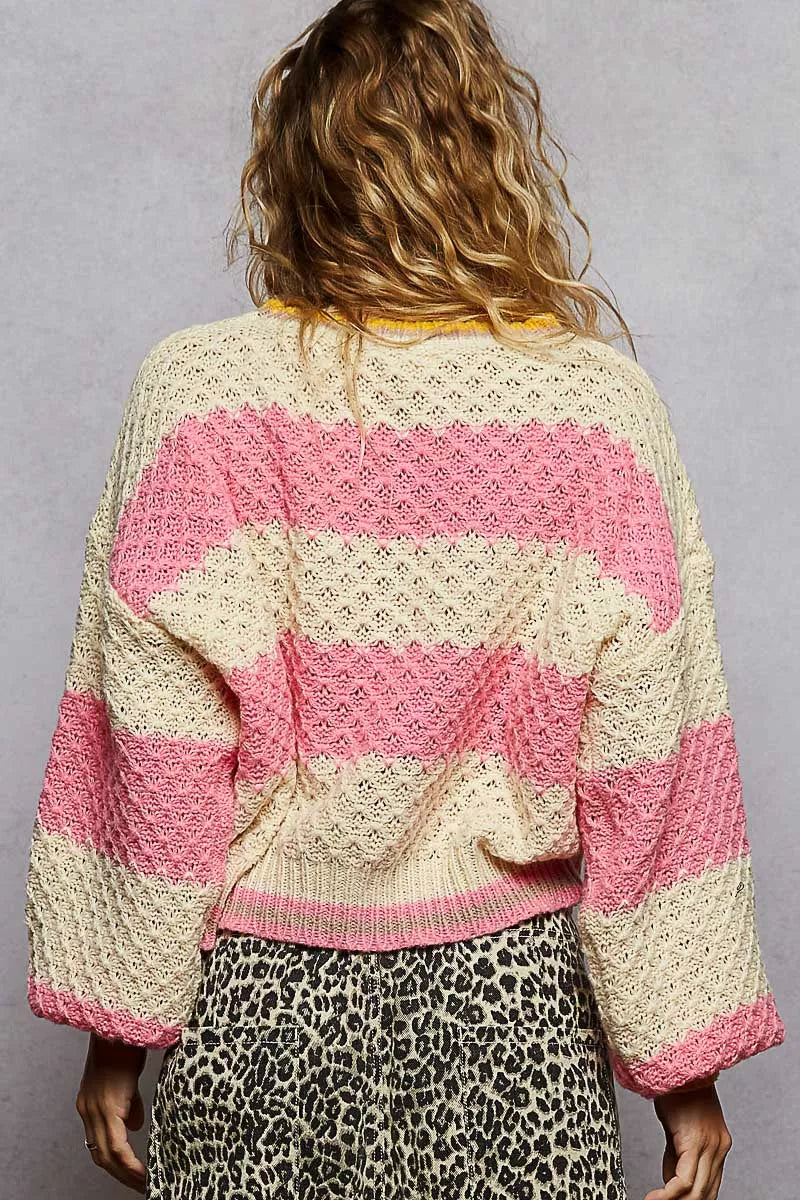 POL Women's Sweater Pink Contrast Striped Round Neck with Textured Cable Knit 391d1044-4f3e-4fef-bc39-a66767789903-Max-Origin Trendsi