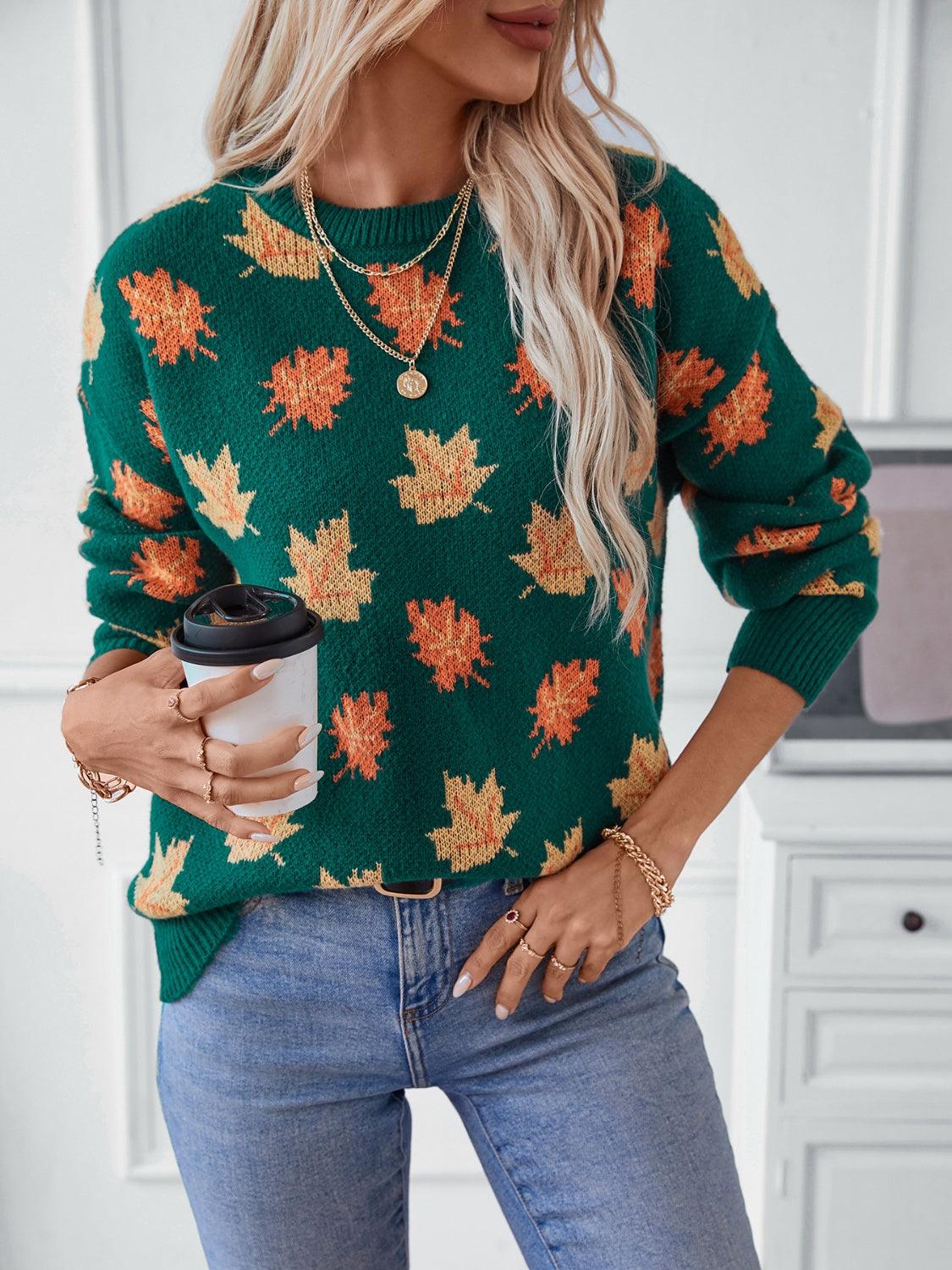 Maple Leaf Sweater Round Neck Long Sleeve Green Pullover 392a7f51-8e39-4e7c-ac99-480da4748796-Max Trendsi