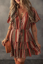 Bohemian Mini Dress Floral Print Buttoned V Neck Ruffle Short Sleeve 392ed878-f7d2-4425-a168-48f535bad9da-Max-Origin Trendsi
