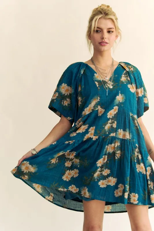 Davi & Dani Mini Dress Floral Print Teal Blue Short Bell Sleeve Pleated Pocketed 39330ef6556441a6bebbba34c562a9aa-Max-Origin Trendsi