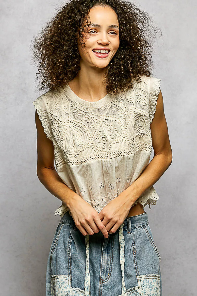 POL Round Neck Sleeveless Crochet Flowy Fit Top