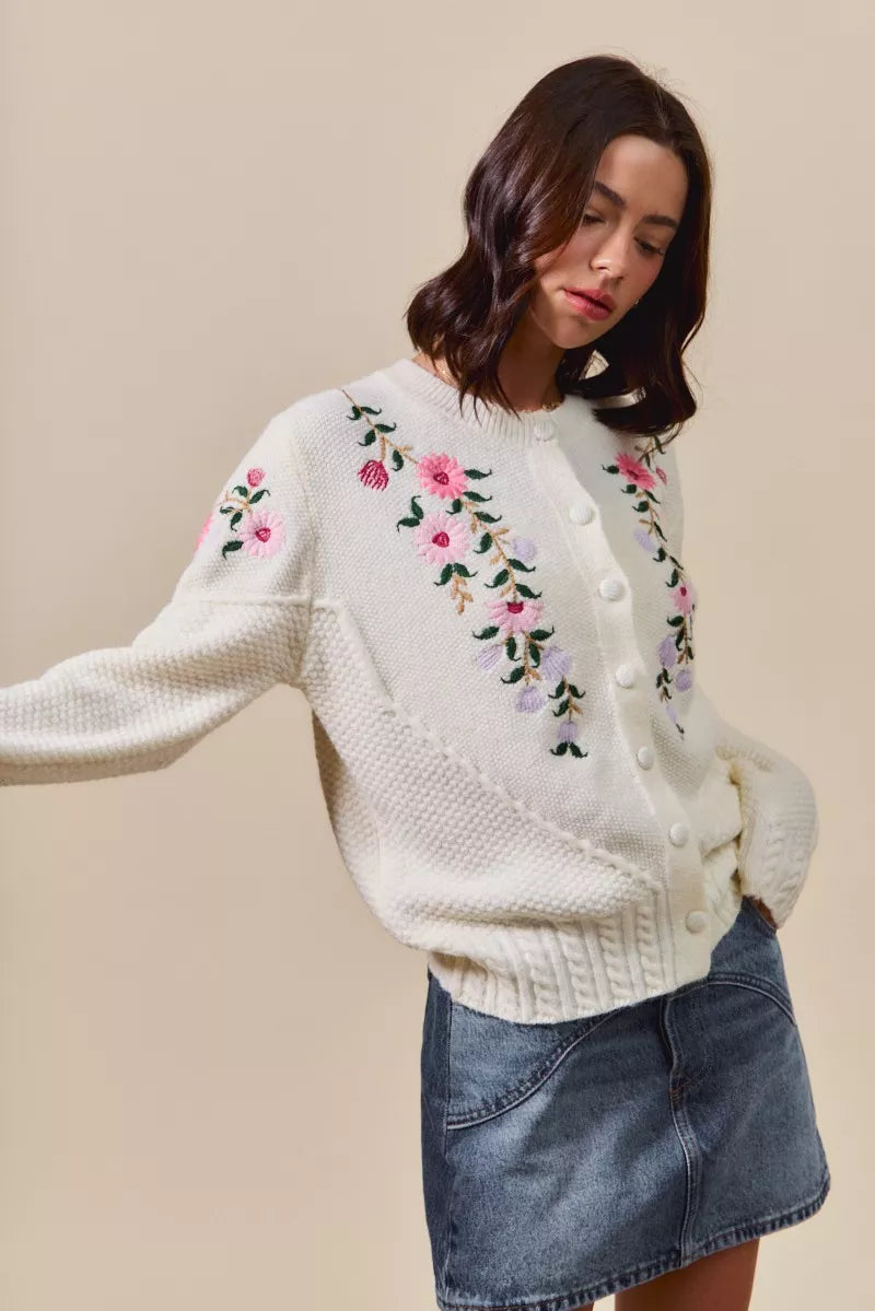 SO ME Women's Sweater Cardigan Floral Embroidered Coquette Ivory Cable-Knit 3942c478772b4dd79761d02f4f0a3efb-Max-Origin Trendsi