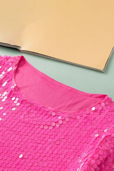 Sequin Blouse Fuchsia Pink Round Neck Half Sleeve Top 394570b7-5f3f-4f1c-9d2e-bf9845ee6bb7-Min Trendsi