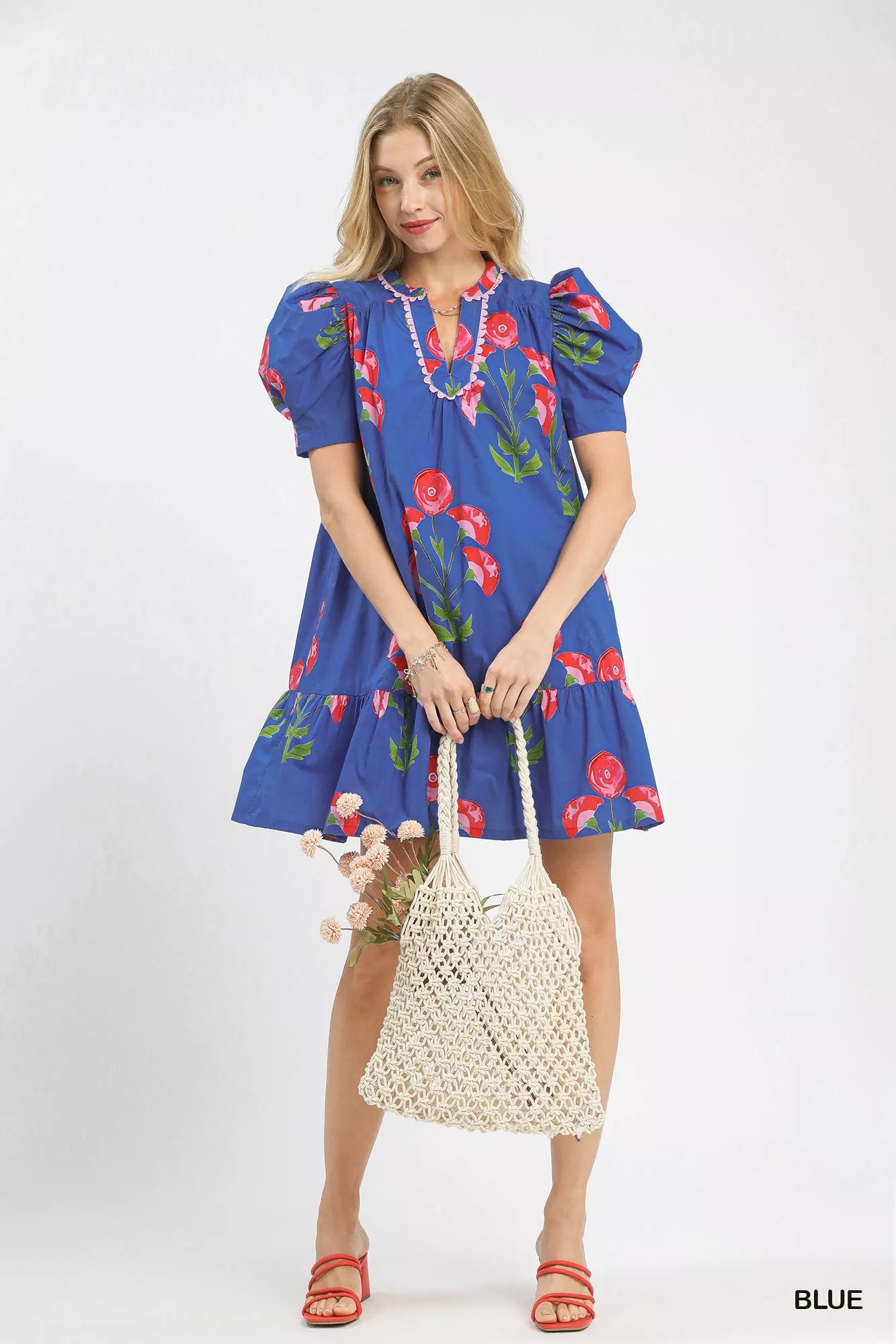 Umgee Mini Dress Blue Floral Print Puff Short Sleeve with Scallop Trim 3951eab1-e28e-45f4-bc13-a1045a8de47a-Max-Origin Trendsi