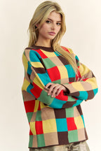 Checkered Color Block Sweater Davi & Dani Dropped Shoulder Long Sleeve 39544400-1ed4-4ba2-80c1-90d4a0d5f8a9-Max Trendsi