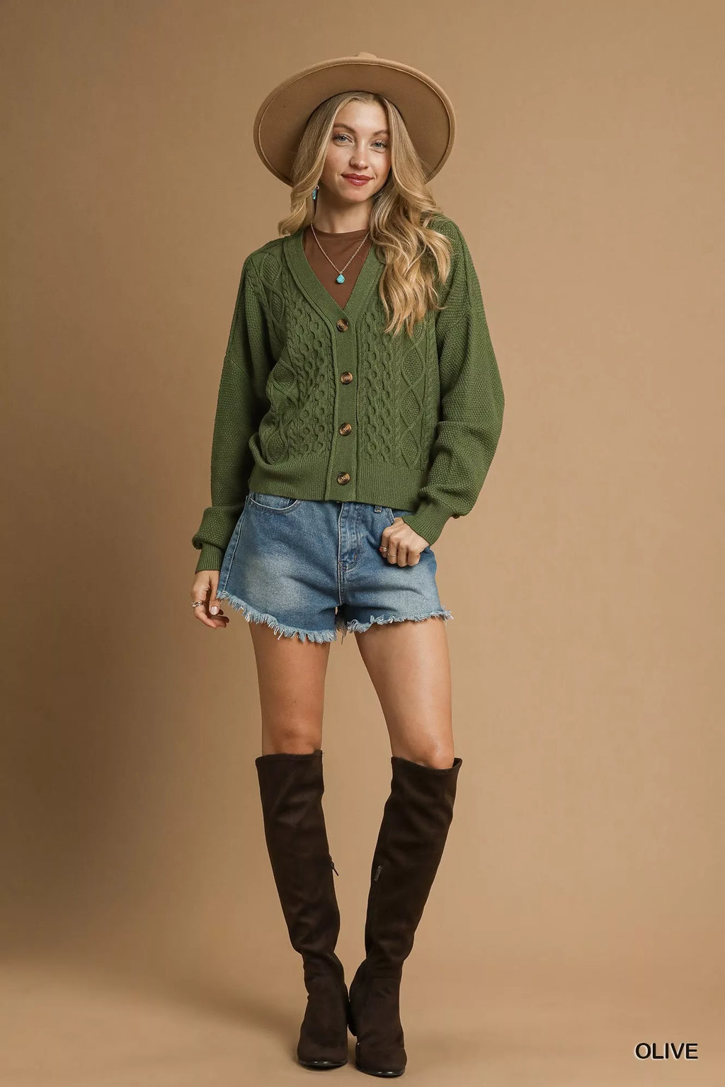 Umgee Button-Up Cardigan Olive Green Chunky Cable Knit V-Neck Sweater 395f5a71-9633-498c-bf85-38fcee6ebf38-Max-Origin Trendsi