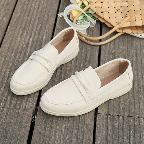 Round Toe Slip-On Shoes with Low Heels, Polyester and Rubber Materials, Imported