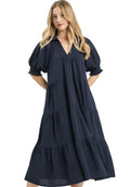 Umgee Midi Dress Ruffled Navy Blue Solid Tiered Short Puff Sleeves NAVY 3976fa56-9140-47aa-8c30-e94ce6050288-Max-Origin Trendsi