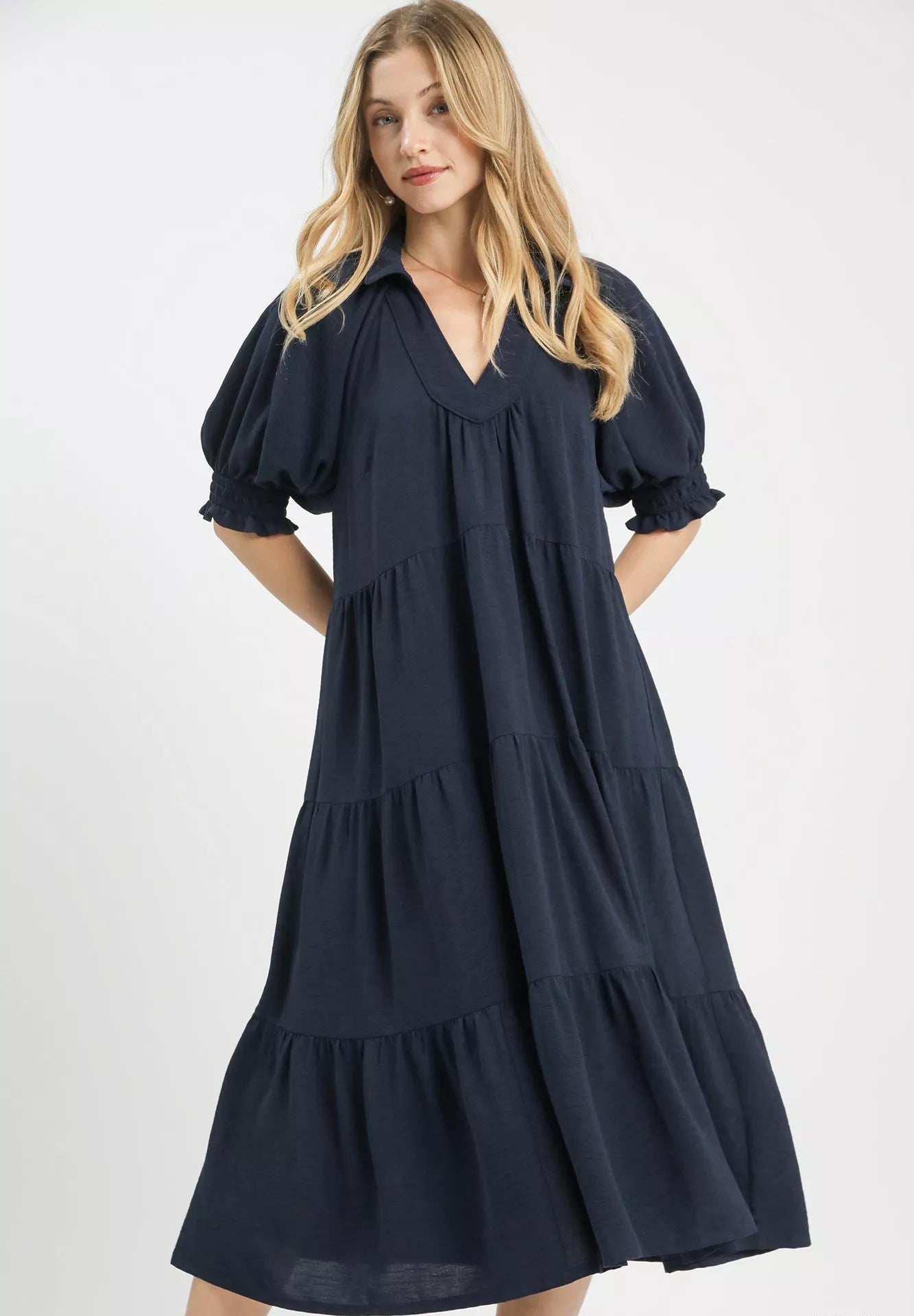 Umgee Solid Tiered Midi Dress