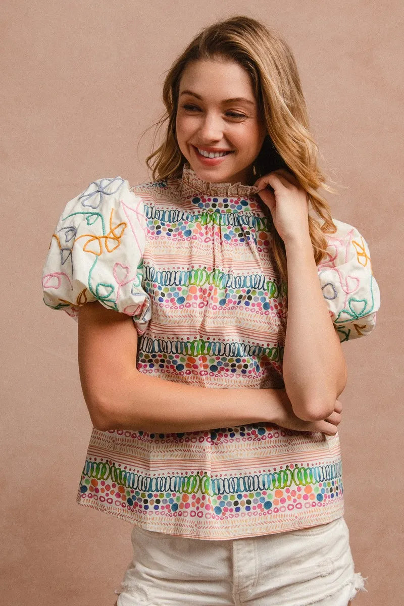 BiBi Blouse Multicolor Ruffle Neckline With Embroidery Bubble Short Sleeve Top 3978cf5d6ba94da38b6a1125b901c32c-Max-Origin Trendsi