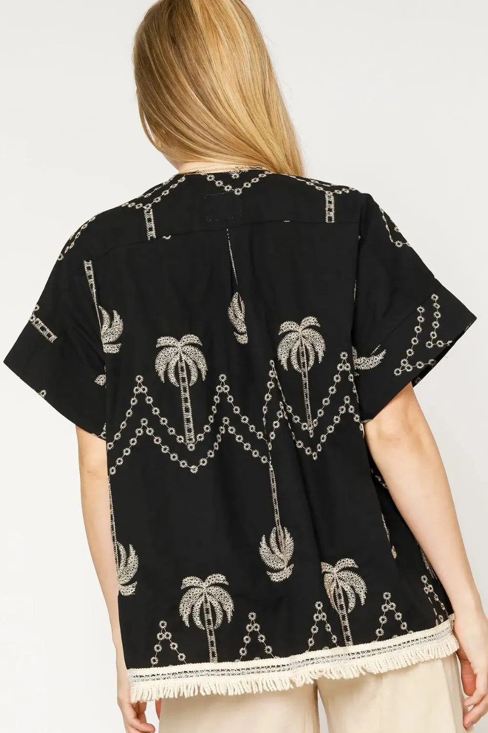 Umgee Kimono Black Floral Embroidered Open Front Fringe Women's Top