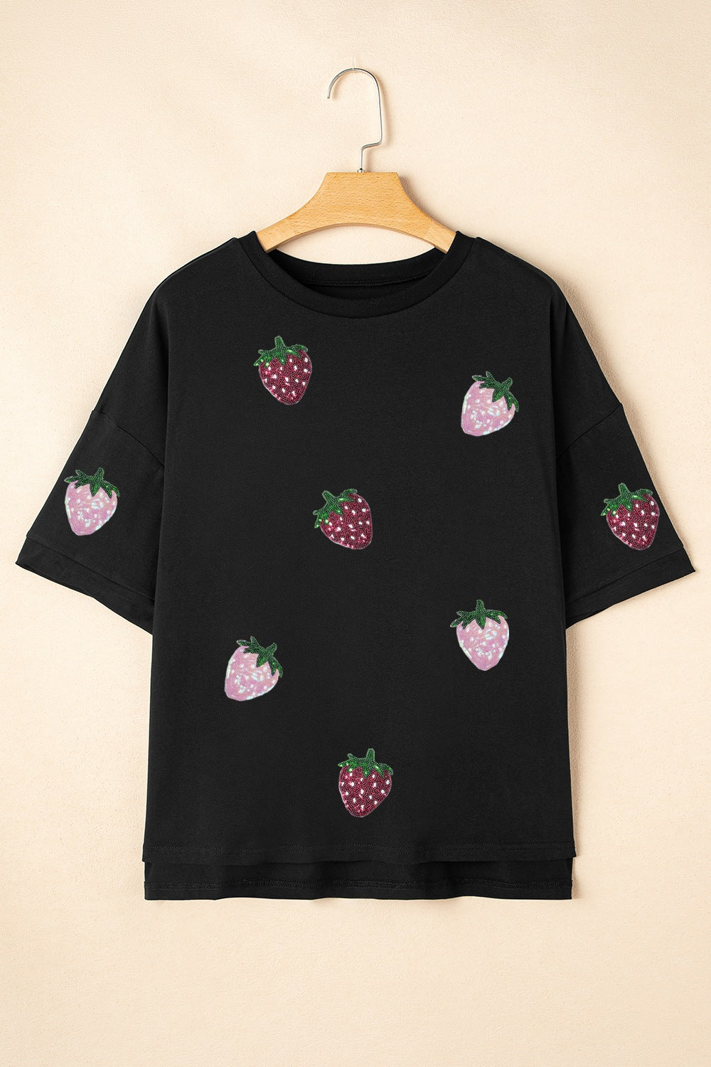 Black T-Shirt Sequin Strawberry High Low Half Sleeve Relaxed Fit Top 397e5c33-aa98-4805-9a02-b8b4638920d3-Max Trendsi
