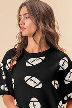 BiBi Women's Football Sweater Black Ivory Pattern Short Sleeve Top 397e6c5ad20e4ab8809ee645446dab51-Max-Origin Trendsi