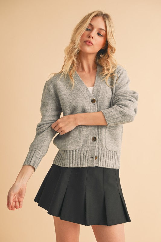 Aemi + Co Cardigan Gray Knit Ribbed Hem V-Neck Long Sleeve Pocketed 39825f71-6b2b-4369-9282-83b6e07e60e4-Max Trendsi