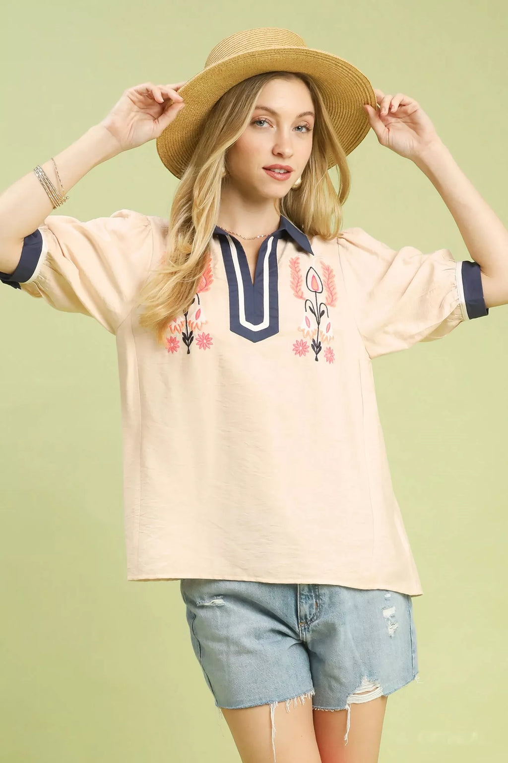 Umgee Blouse Floral Embroidered Puff Short Sleeve Contrast Trim Top OATMEAL 3983da52-cff4-4f74-9414-19737e6de420-Max-Origin Trendsi