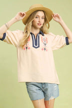 Umgee Blouse Floral Embroidered Puff Short Sleeve Contrast Trim Top OATMEAL 3983da52-cff4-4f74-9414-19737e6de420-Max-Origin Trendsi