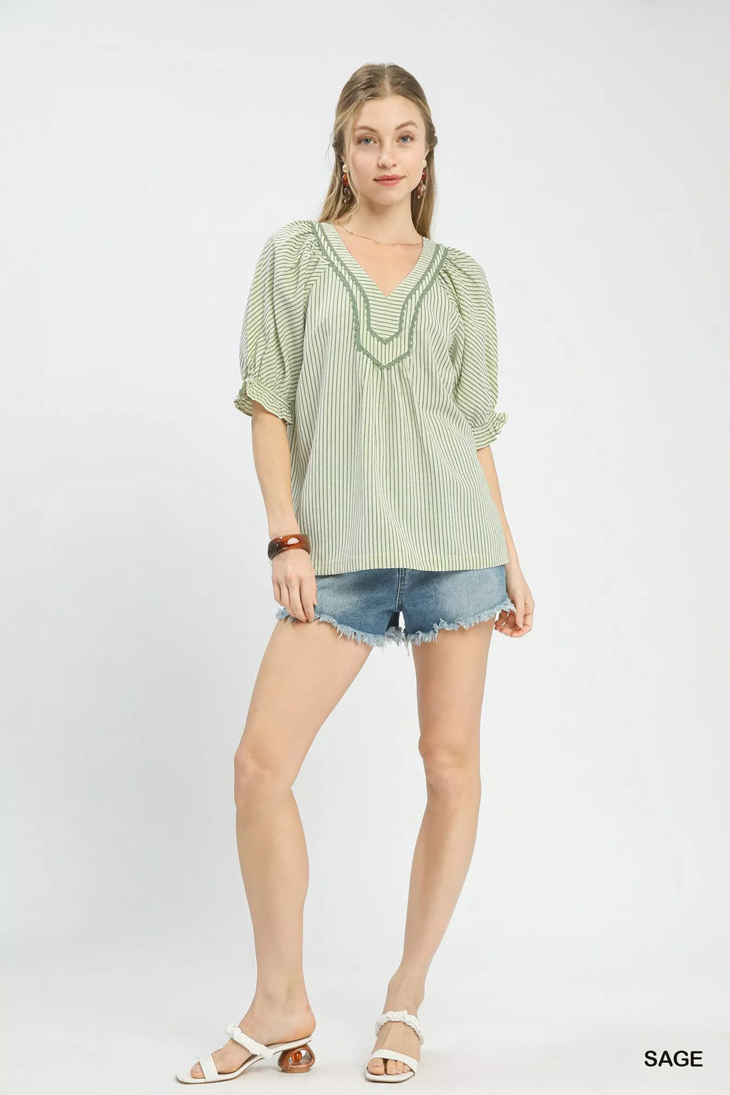 Umgee Blouse Sage Green Stripe V-Neck Short Puff Sleeve Top 3986b2cf-01f3-41dc-aebc-777d41f9defb-Max-Origin Trendsi
